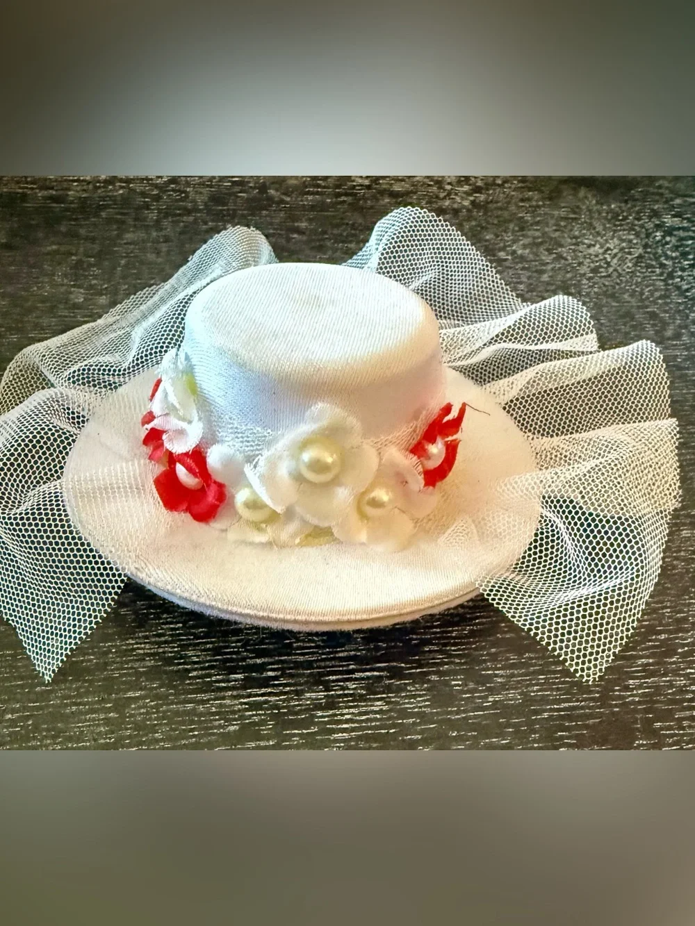 Disney Mary Poppins Fascinator White Mini Hat with Red and Cream Floral Accents